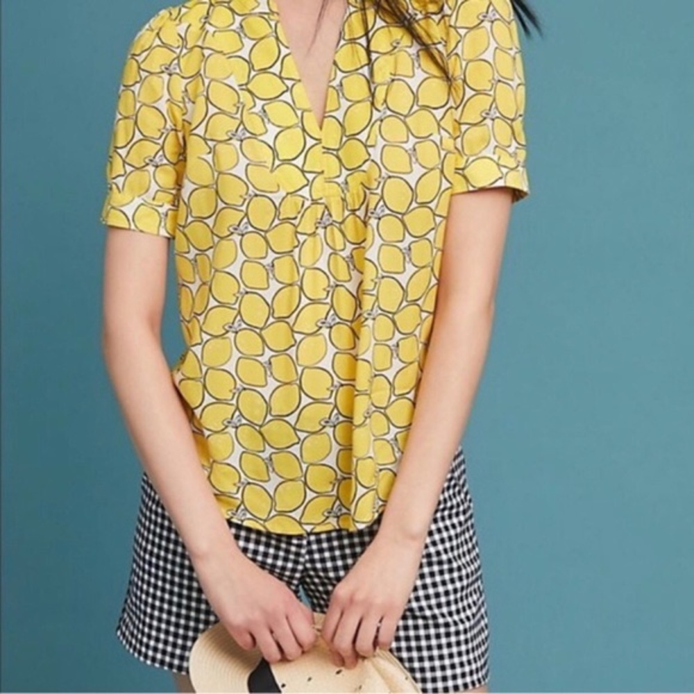 Anthropologie Yellow Lemon Print Top